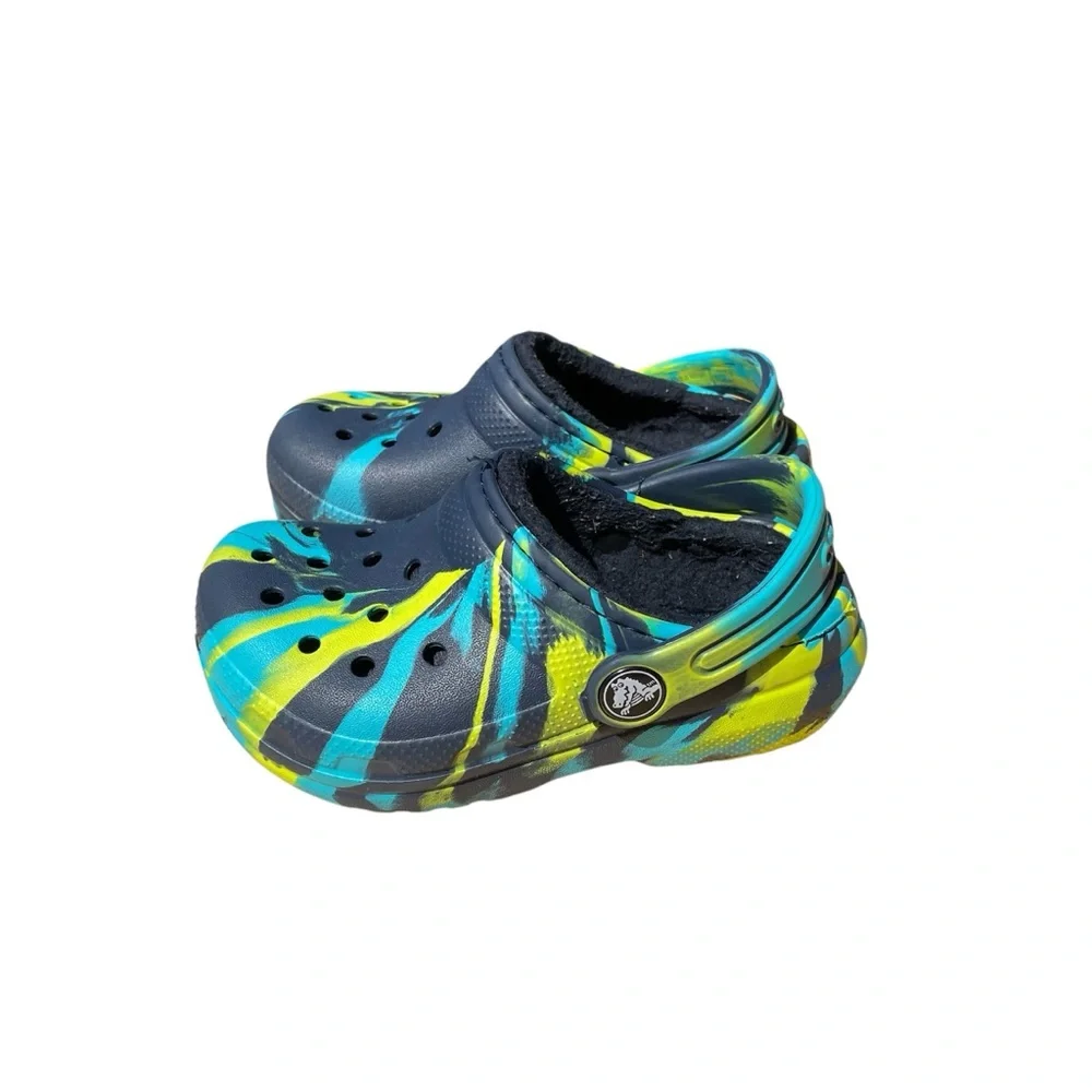 Lined Fuzzy CROCS Kids  - Blue and Yellow